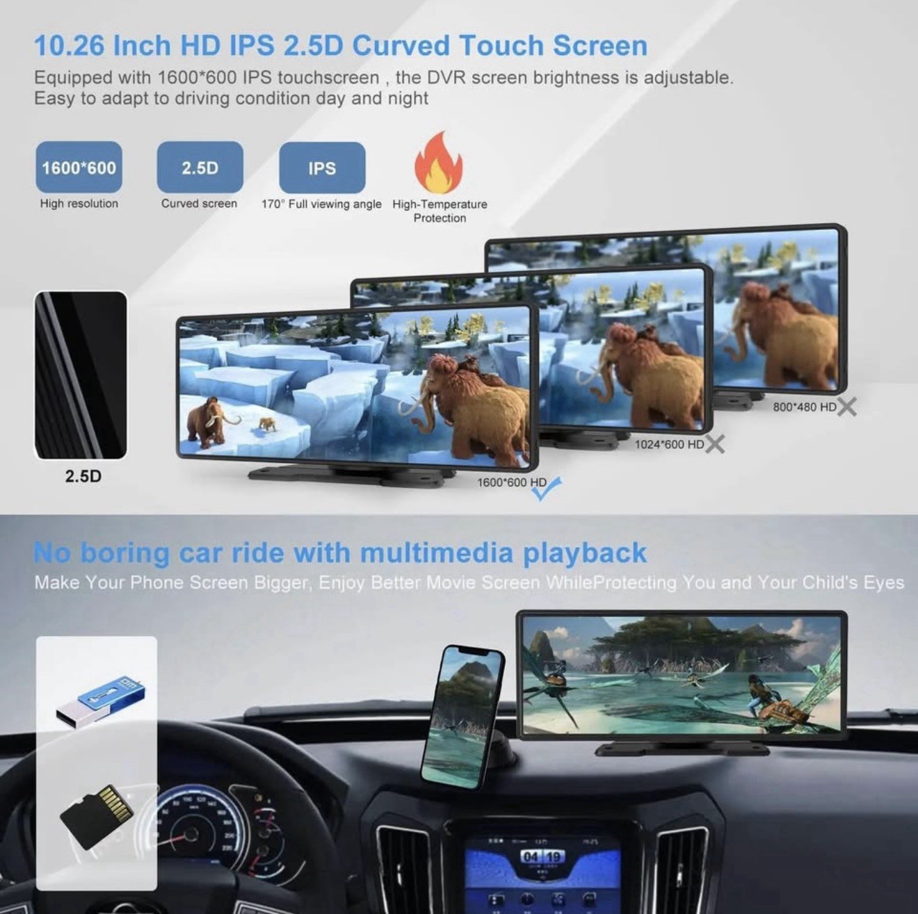 10.26 inch Wireless CarPlay Android Auto Screen Portable Car Stereo 4K Dash Cam