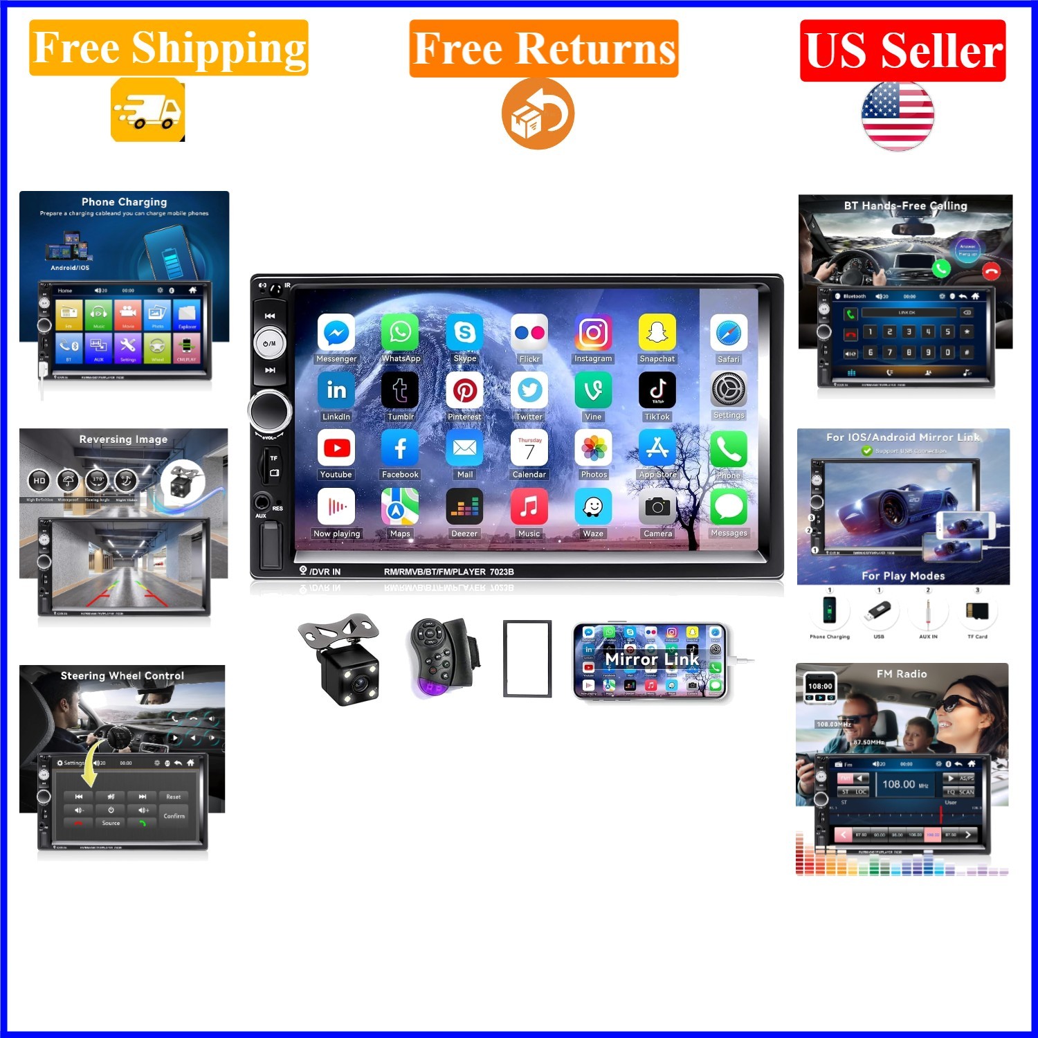7″ Double Din Car Stereo Bluetooth MP5 Player with Backup Camera, Touchscreen