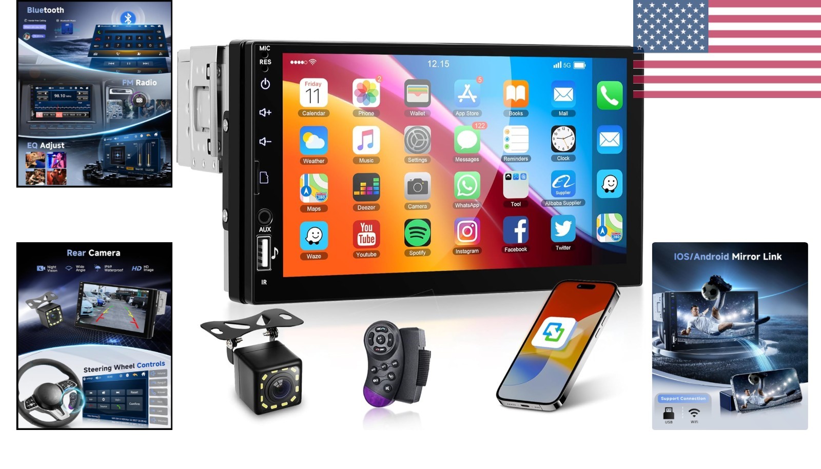 Single Din Car Radio with Bluetooth iOS/Android Mirror Link, 7 Inch Touch Scr…
