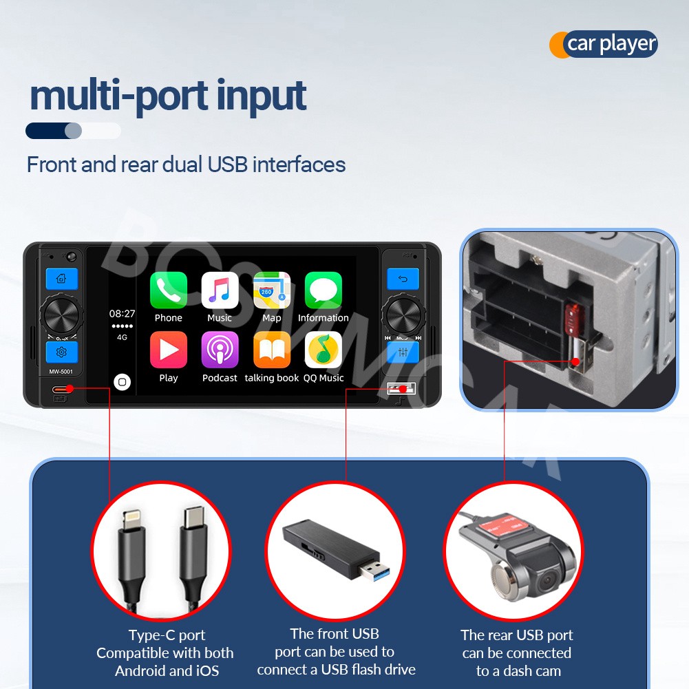 1 Din HD Car MP5 Player For Apple Carplay Android Auto With 8 LED Rear Camera