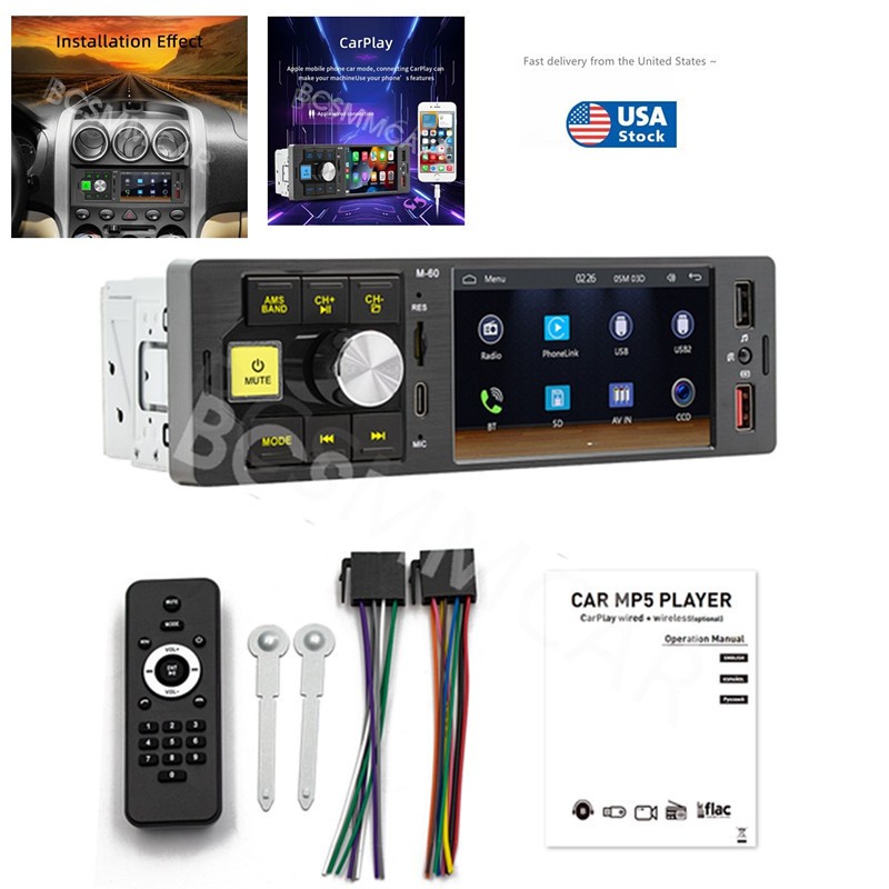 1 Din Radio Car Stereo MP5 Player For CarPlay Touch Screen AUX Type C 4.1 in