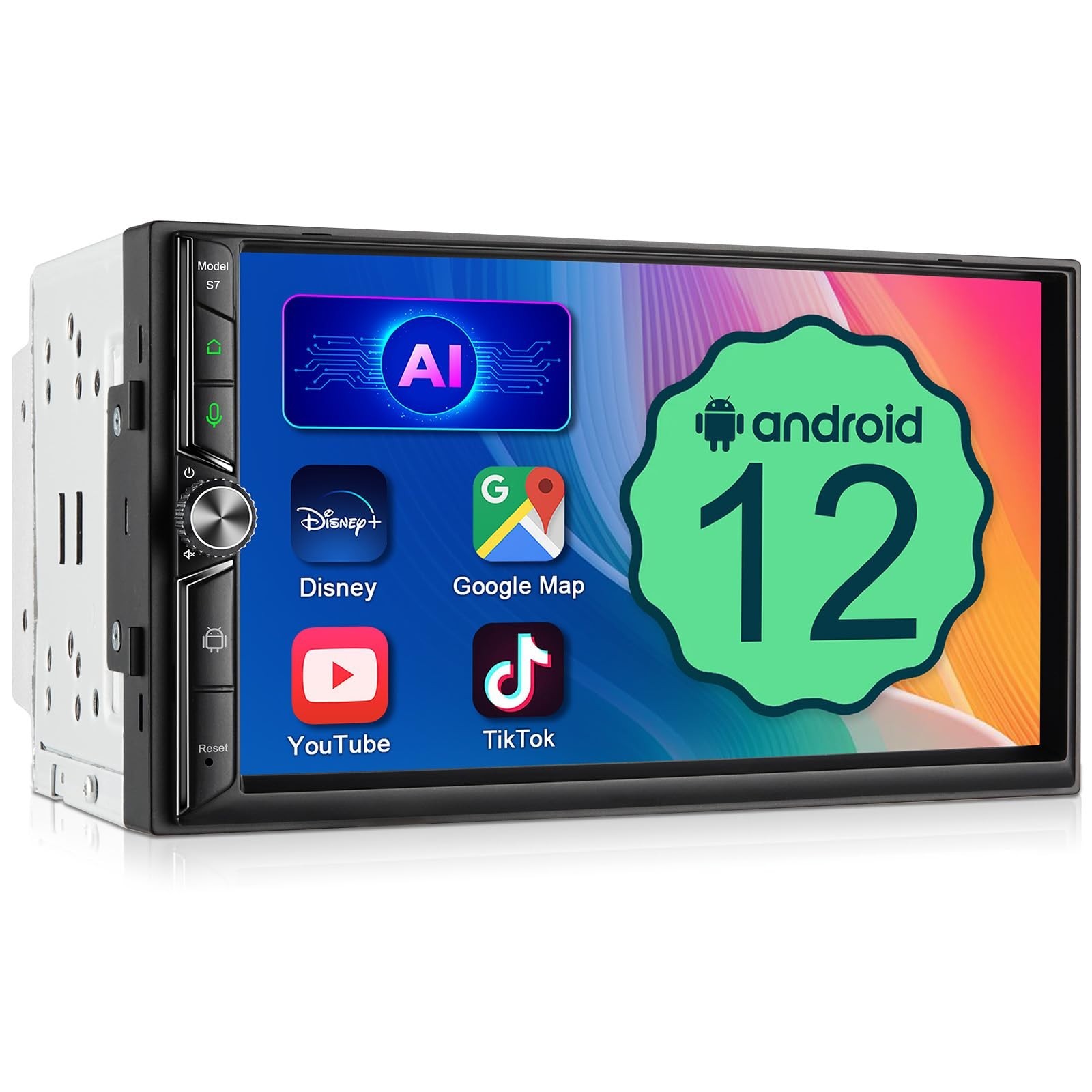 7″ Double Din Car Stereo, Wireless Apple CarPlay & Android Auto, QLED Touchscree