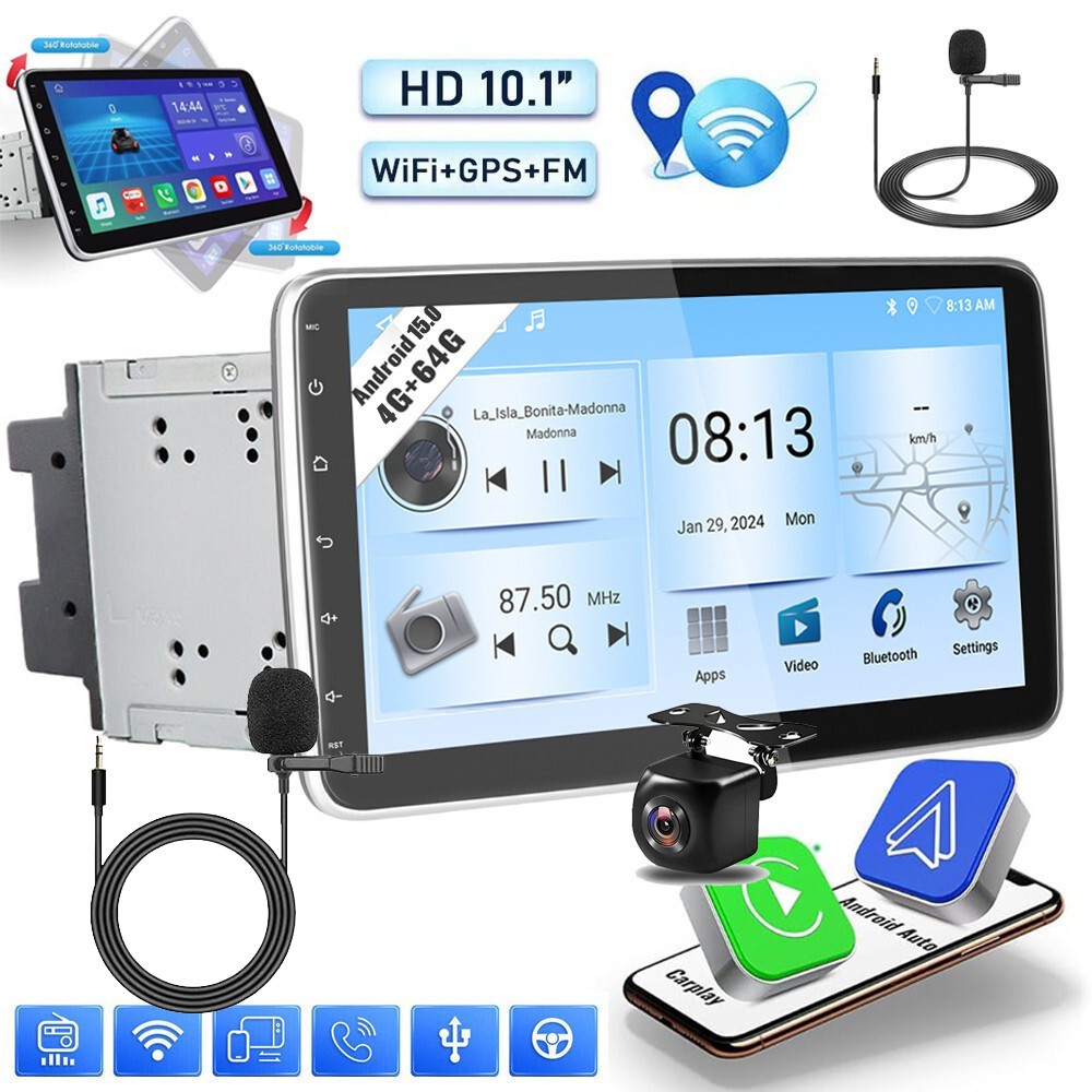 10.1″ Double DIN Car Stereo Apple Carplay Android 15 GPS WiFi BT Rotatable Radio