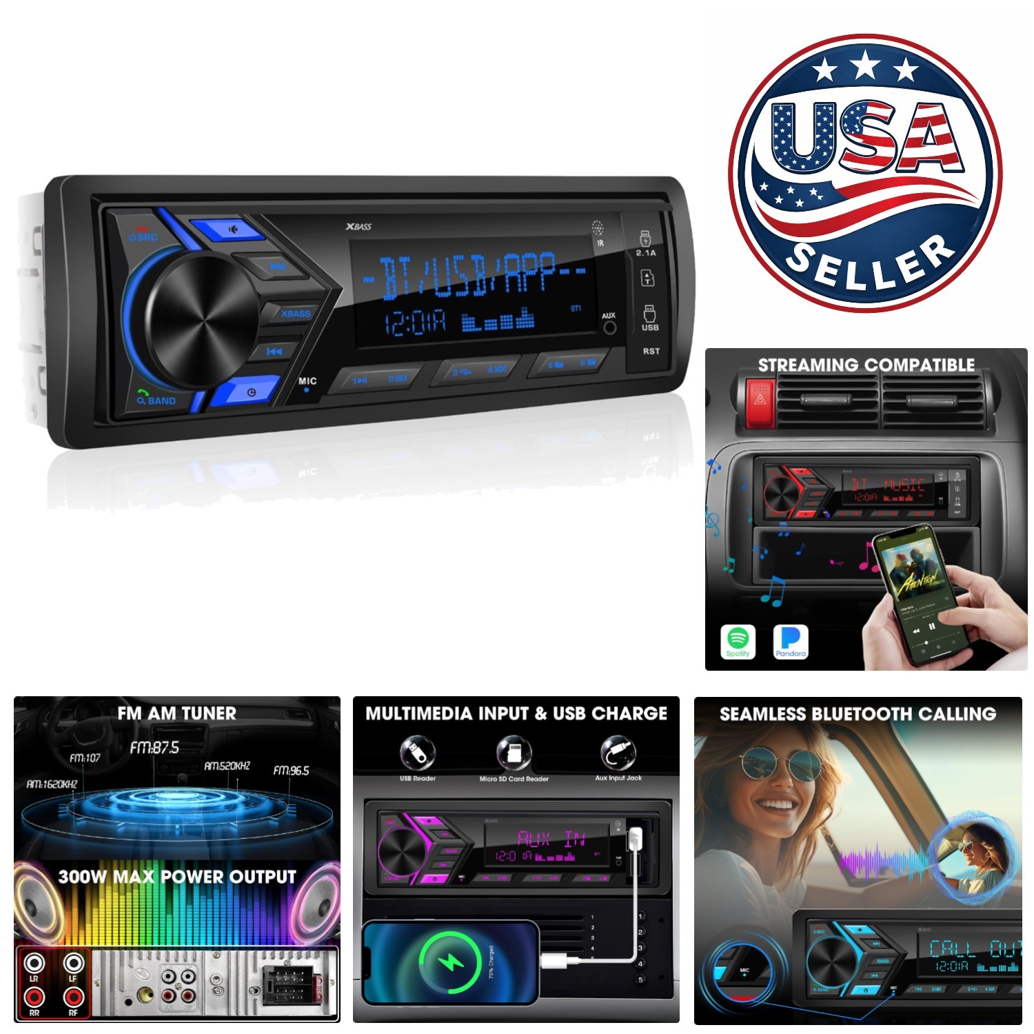 Single Din Car Stereo with Bluetooth, USB Fast Charging & 300W Output