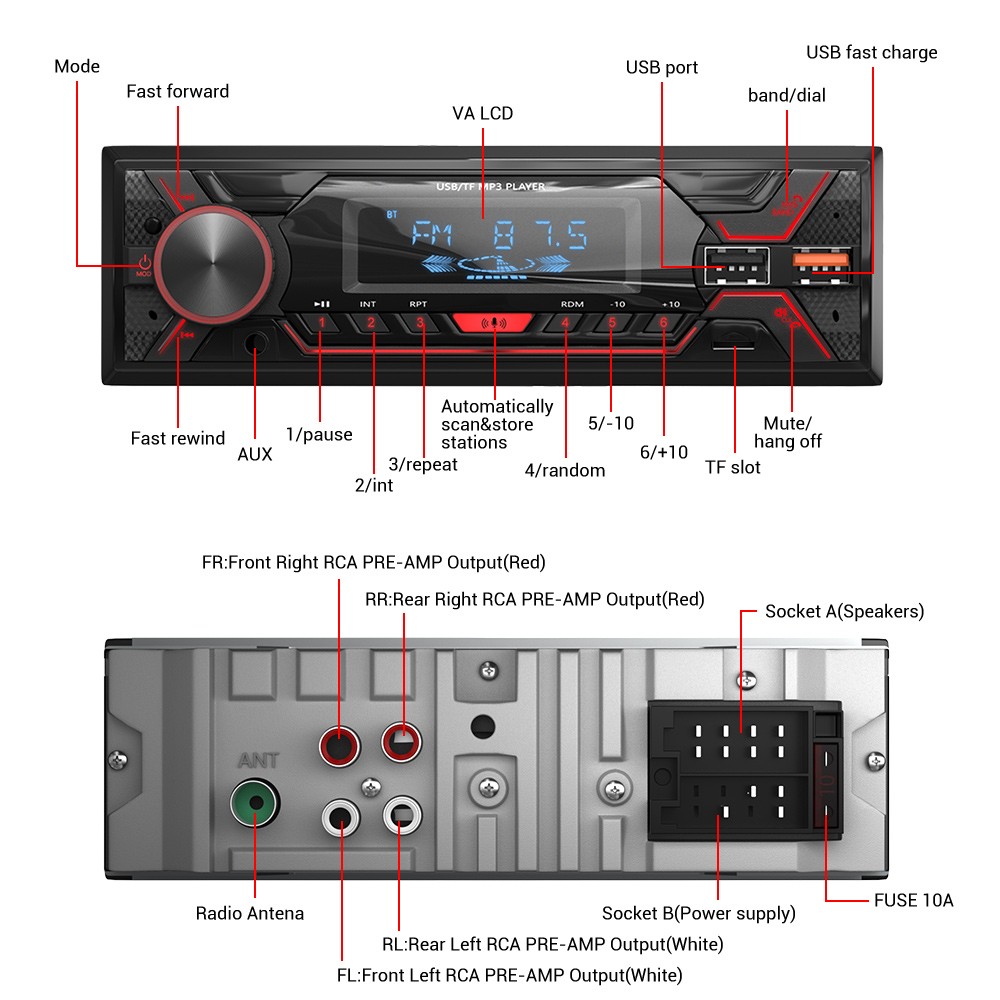Car Stereo Radio Single 1 Din Head Unit MP3 Player FM RDS USB SD AUX Bluetooth