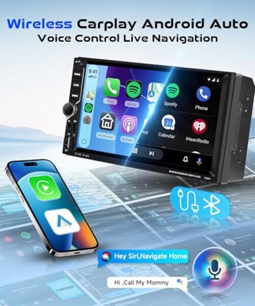 7” Double Din Car Stereo with Wireless CarPlay Android Auto,5.1Bluetooth Car