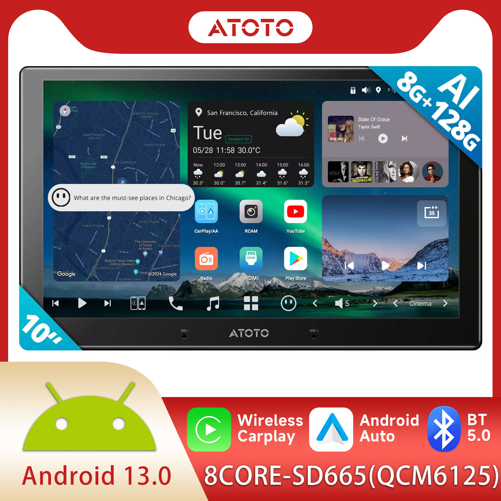 ATOTO X10 8G+128G Android 13 10″ Touchscreen 2DIN Car Stereo GPS 4G LTE Chat AI