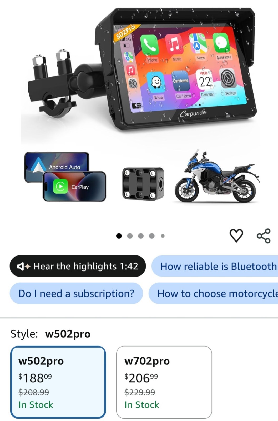Carpuride W702Pro Wireless Carplay Android Auto Waterproof Touchscreen For Motor