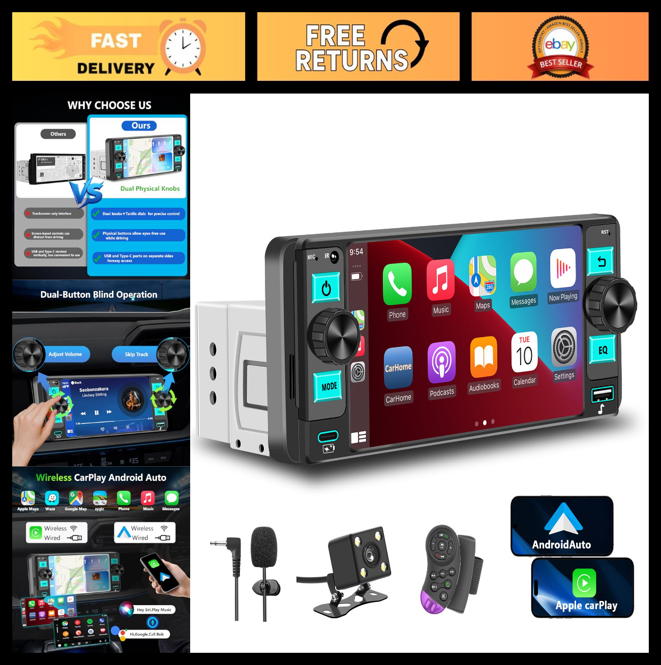 Single Din Touchscreen Car Stereo – Wireless Apple CarPlay, Android Auto, Blueto