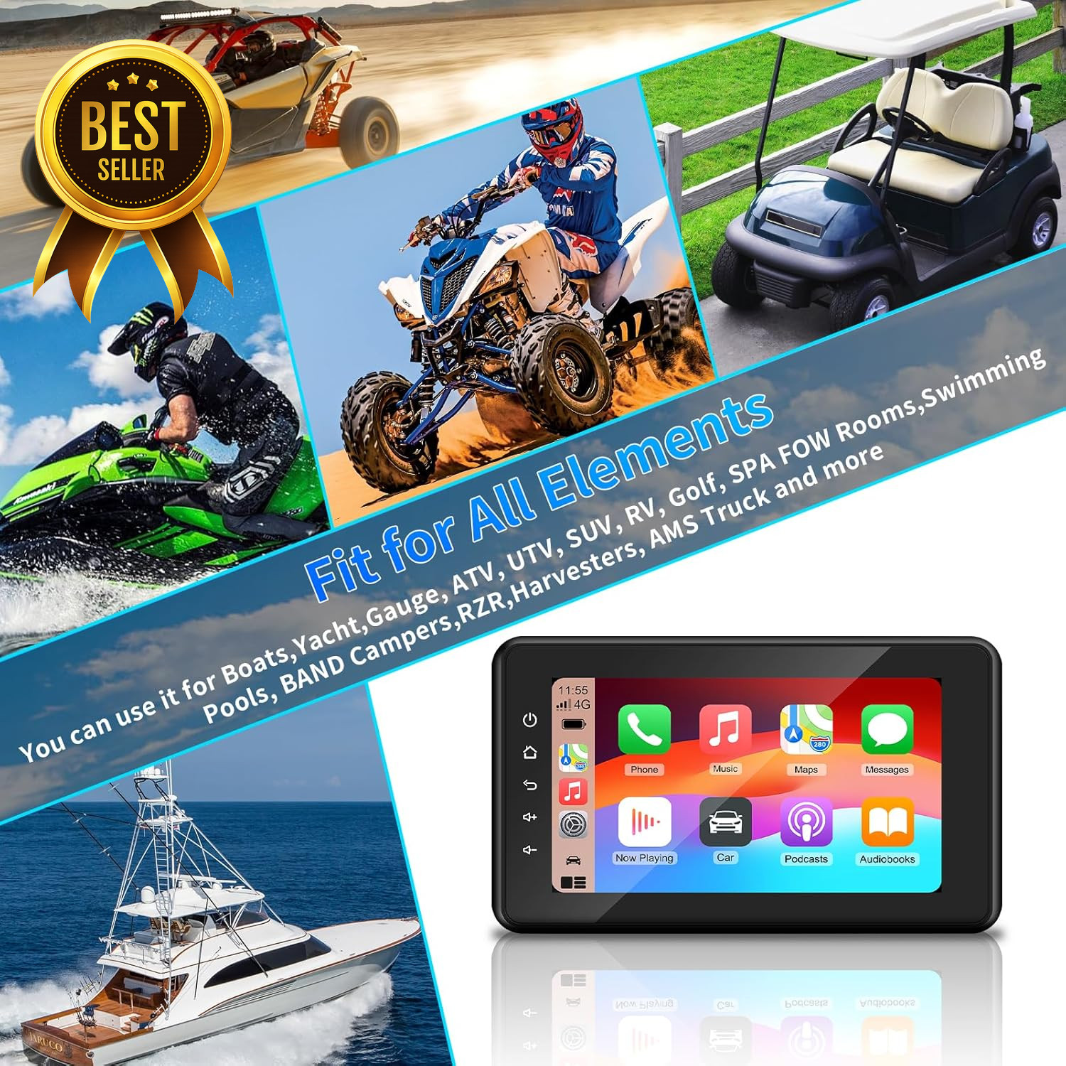 8in Marine Stereo Wireless CarPlay Android Auto Waterproof IPX6