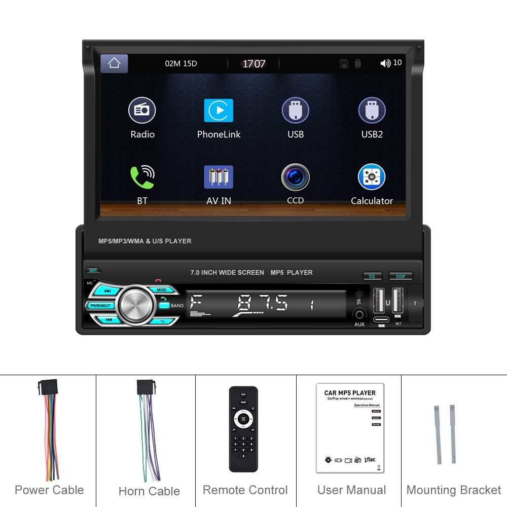 Single 1DIN 7″ Flip Out Car Radio Stereo Wireless Apple Carplay Android Auto BT