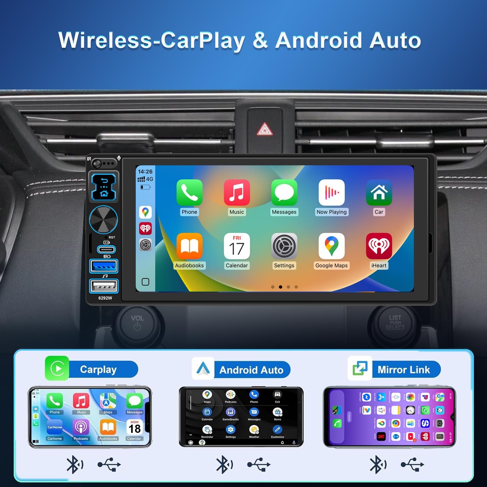 Single DIN Car Stereo Radio with Wireless 7.01″ (W) × 2.91″ (D) × 1.97″ (H)