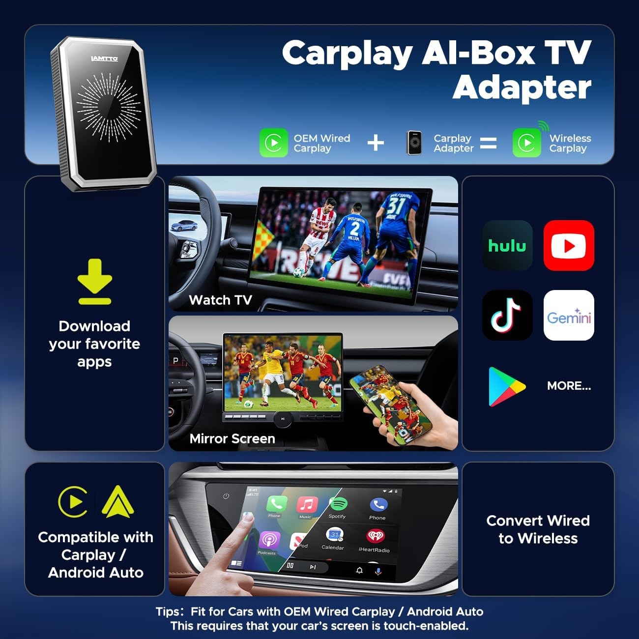 LAMTTO Wired to Wireless CarPlay Adapter Car AI Console, Gemini AI & Google Play