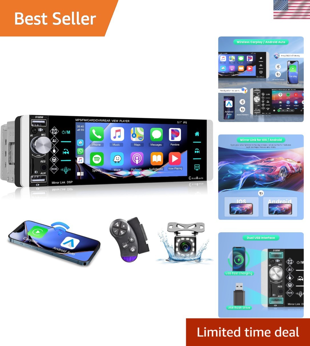 HD Touchscreen Radio with Built-in Carplay/Android Auto & Backup Camera
