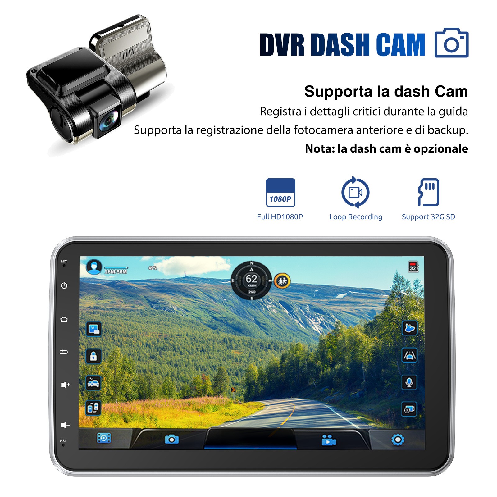 10.1″ 1 Din Android 15 DVR+ Car Stereo Radio Carplay Rotatable 4G+64G BT Camera