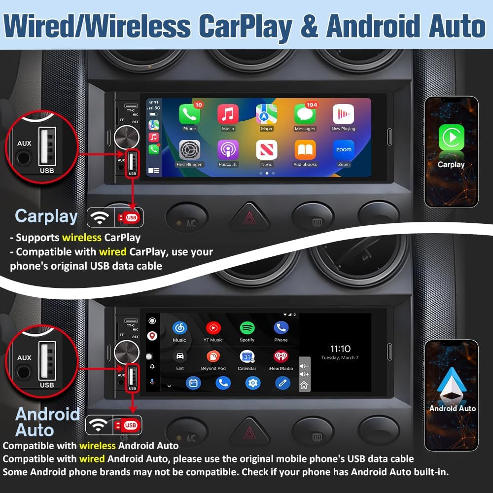 Universal Single Din Car Stereo with Wireless Carplay & Android Auto, 6.36 Inch