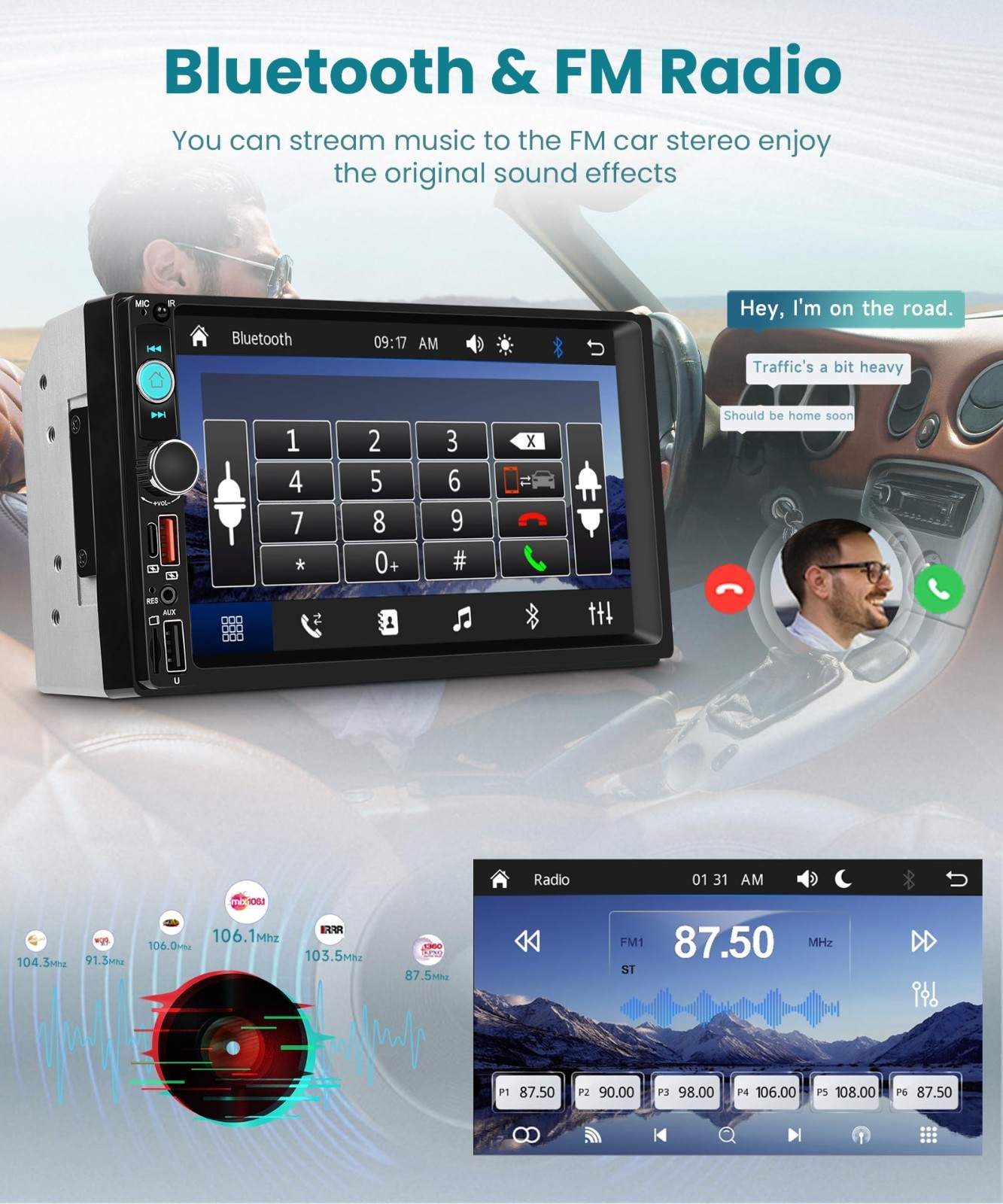 7″ Double Din Car Stereo, Wireless CarPlay/Android Auto, Bluetooth 5.2, FM Radio