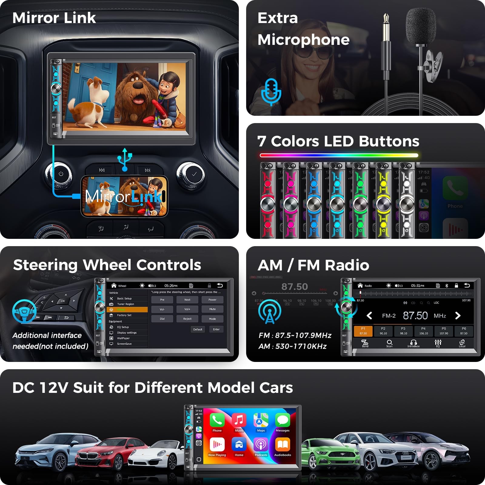 7″ Double Din Car Stereo with Wireless Apple CarPlay & Android Auto, Bluetoot…