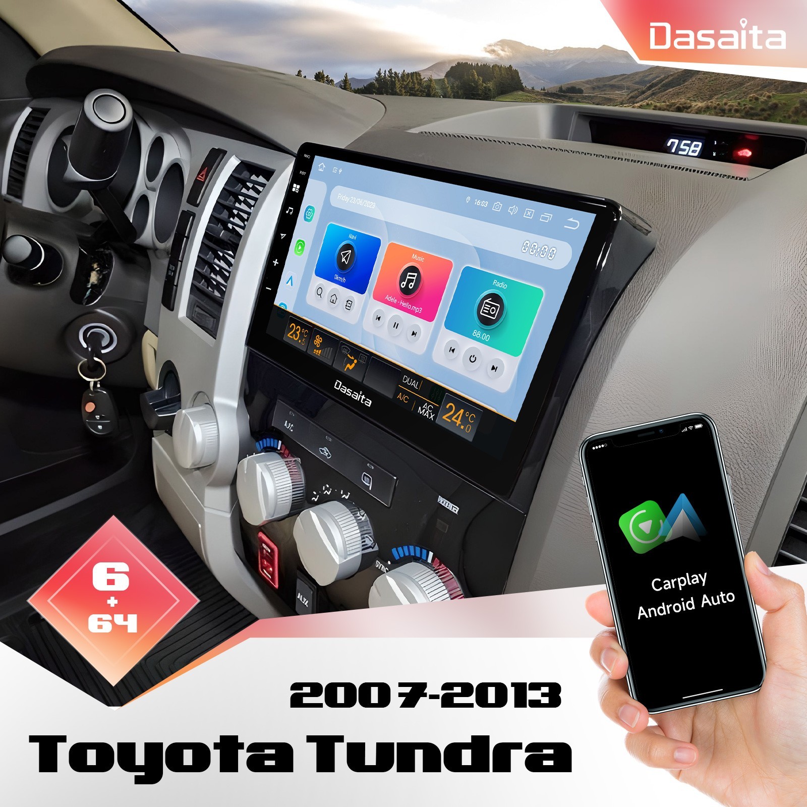 Dasaita Android 13 Car Stereo for Toyota Tundra Touch Screen Head Unit GPS Radio