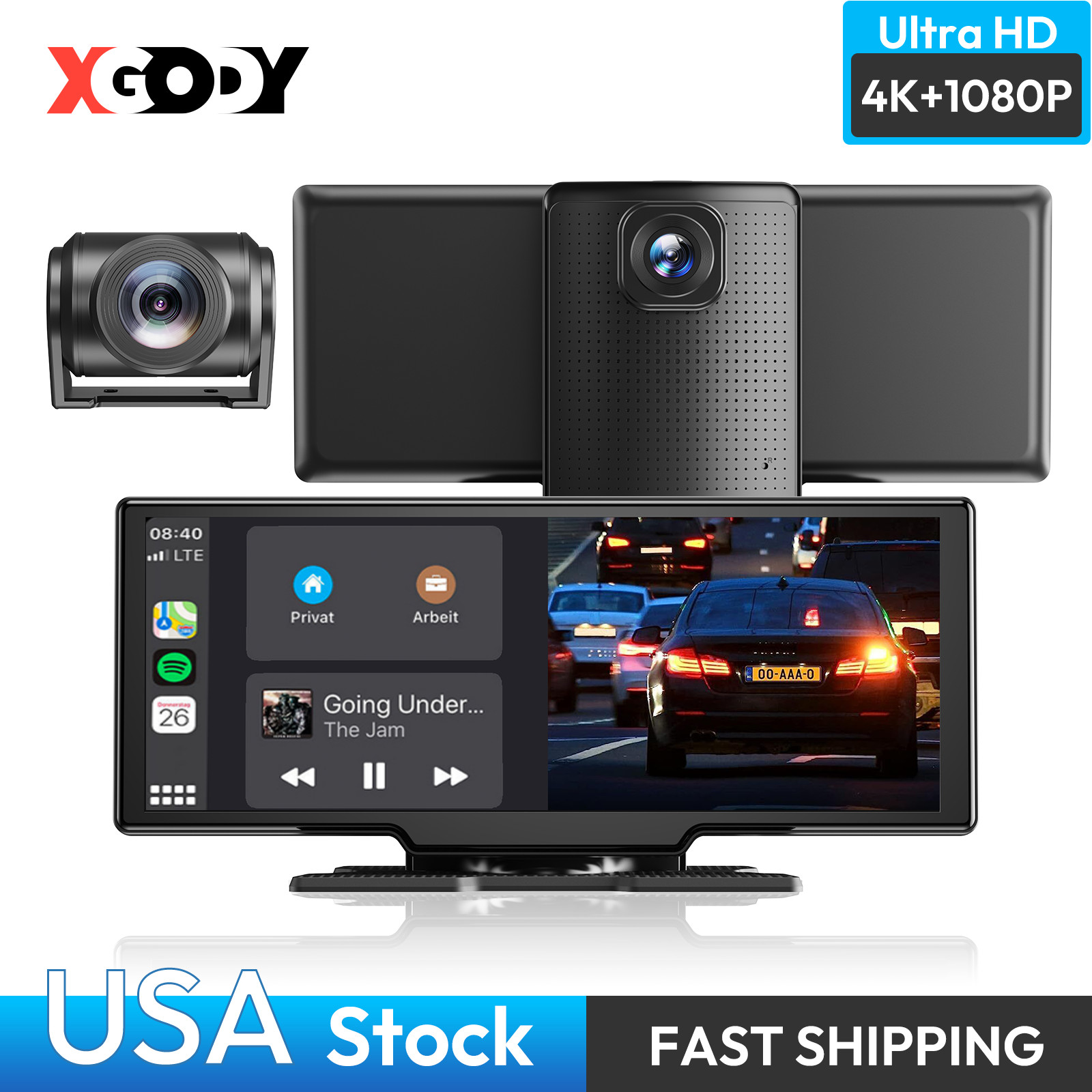 XGODY 10″ 4K Touch Screen Dash Cam Car Video Recorder Wireless CarPlay G-Sensor