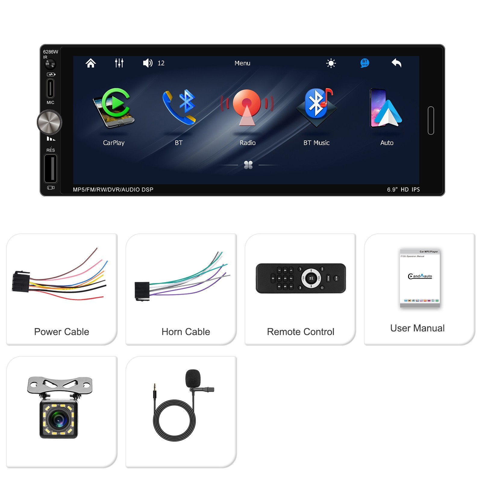 Single 1 Din Car Stereo Wireless CarPlay 6.8″ Touchscreen Bluetooth Radio FM USB
