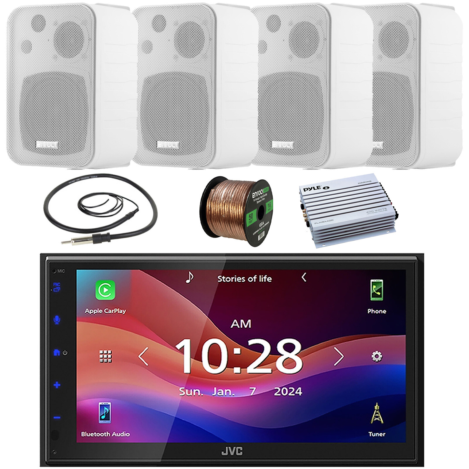 JVC 1-DIN MP3 Receiver, 4x 4″ In Door/Out Door Box-Speakers, 4 Channel Amplifier
