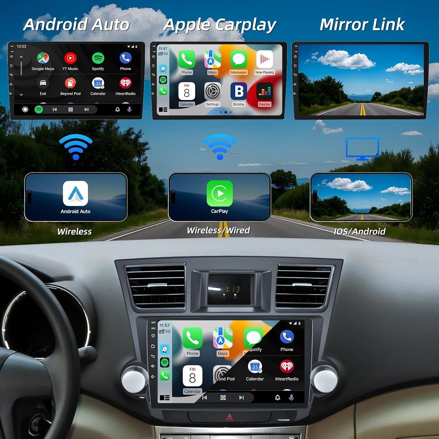 Radio Carplay For 2008-2013 Toyota Highlander EQ Cam FM RDS Backup Cam Head Unit