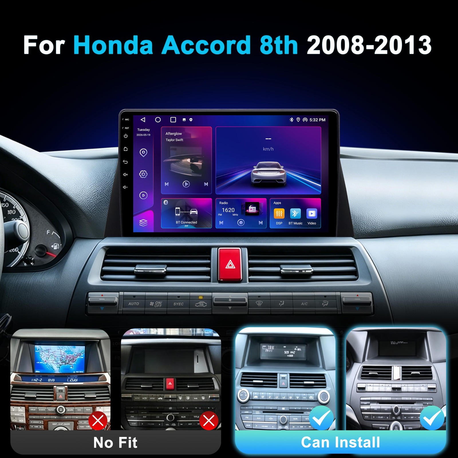 10″ Touchscreen Wireless Carplay Android Auto Stereo for 2008-2013 Honda Accord