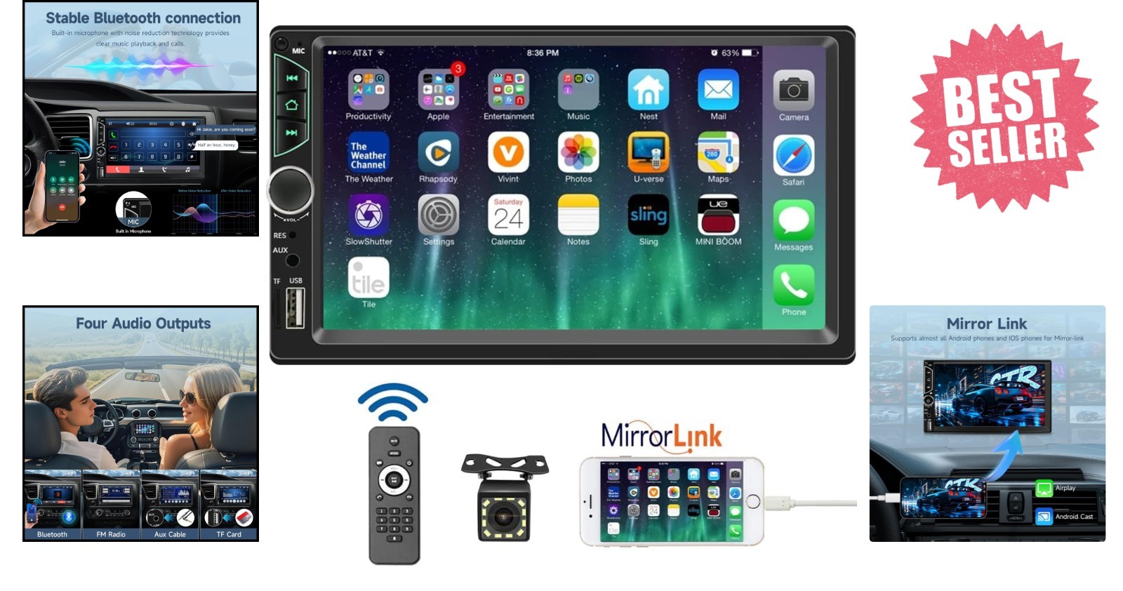 Multimedia Double Din Car Stereo – 7-Inch Touchscreen, Bluetooth & Mirror Link
