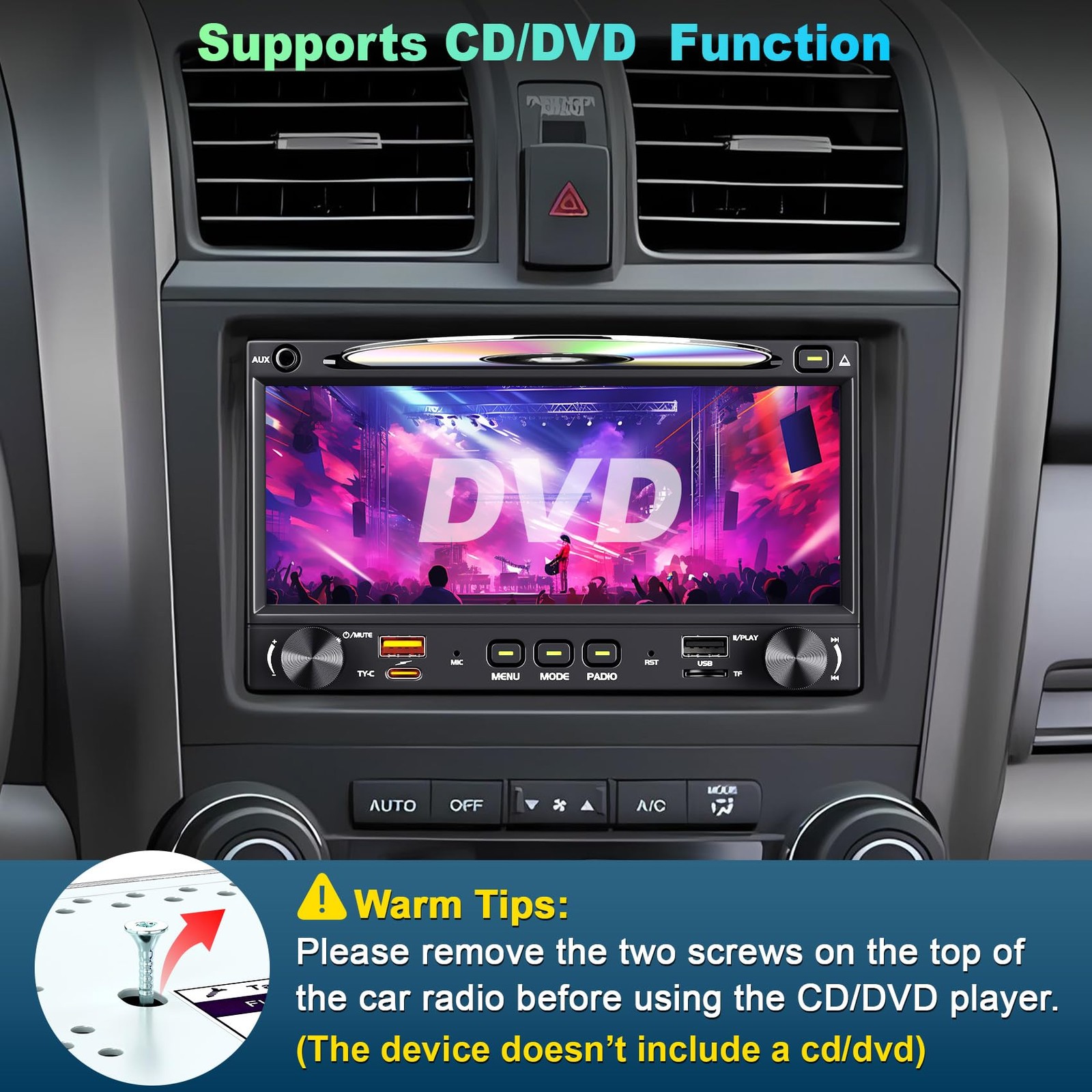 Double Din car Radio with CD/DVD Player, Wireless CarPlay & Android Auto Ster…
