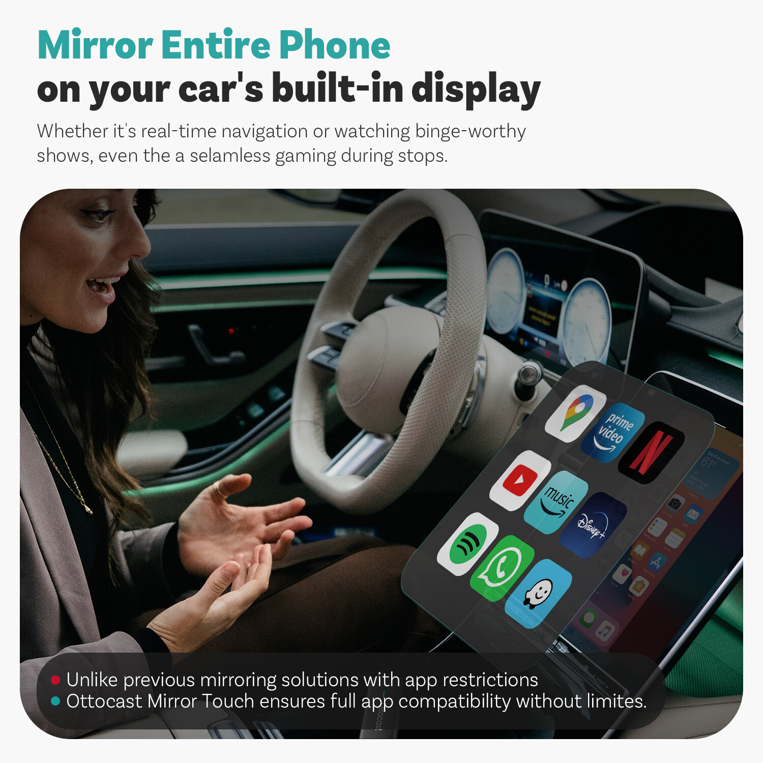 Ottocast Mirror Touch Wireless CarPlay Adapter Bidirectional control Phone & Car