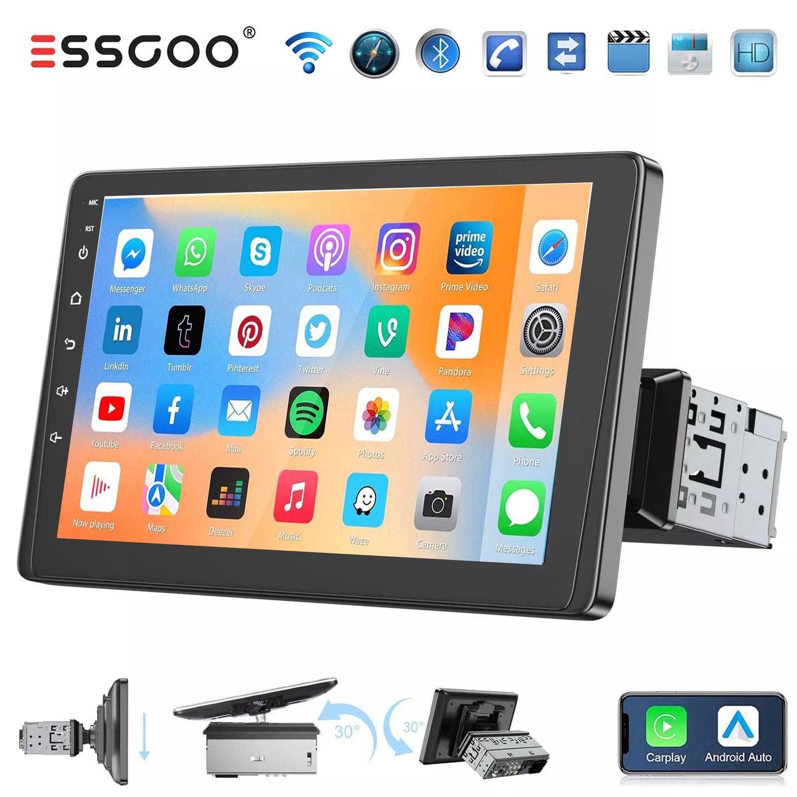 HD Touch Screen Single 1 DIN 9 in Car Stereo Apple Carplay Android Auto FM-Radio