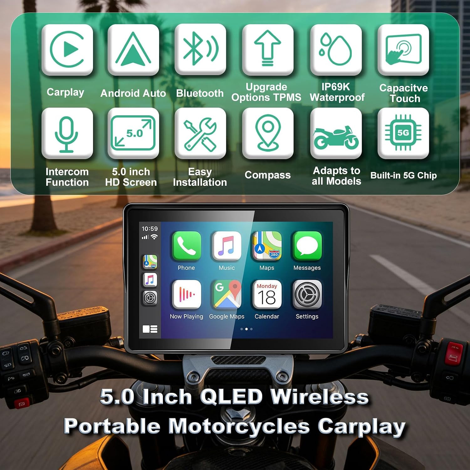 2026 GPS Carplay 5 Inch for Motorcycle with TPMS, Wireless Carplay & Android Au