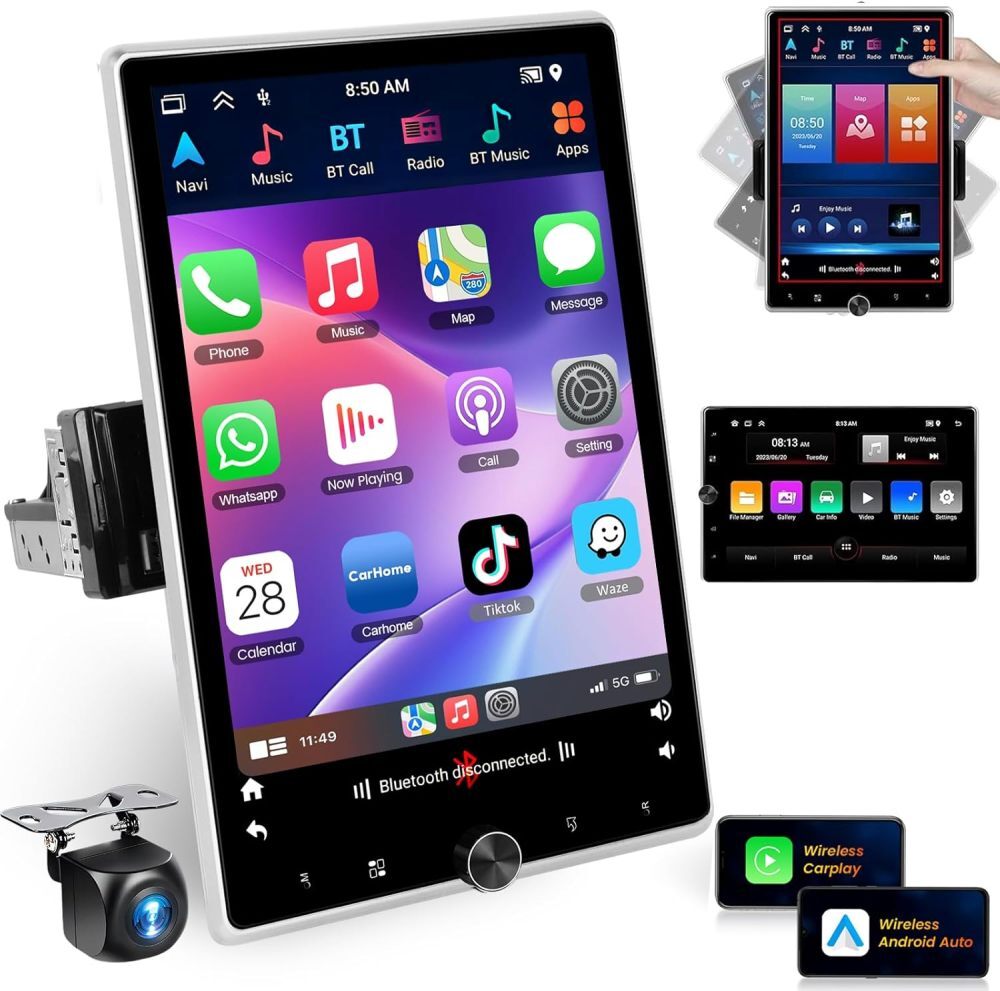 Android 13 Single 1 Din Carplay Car Stereo Radio 10.4” Rotatable Screen +Camera