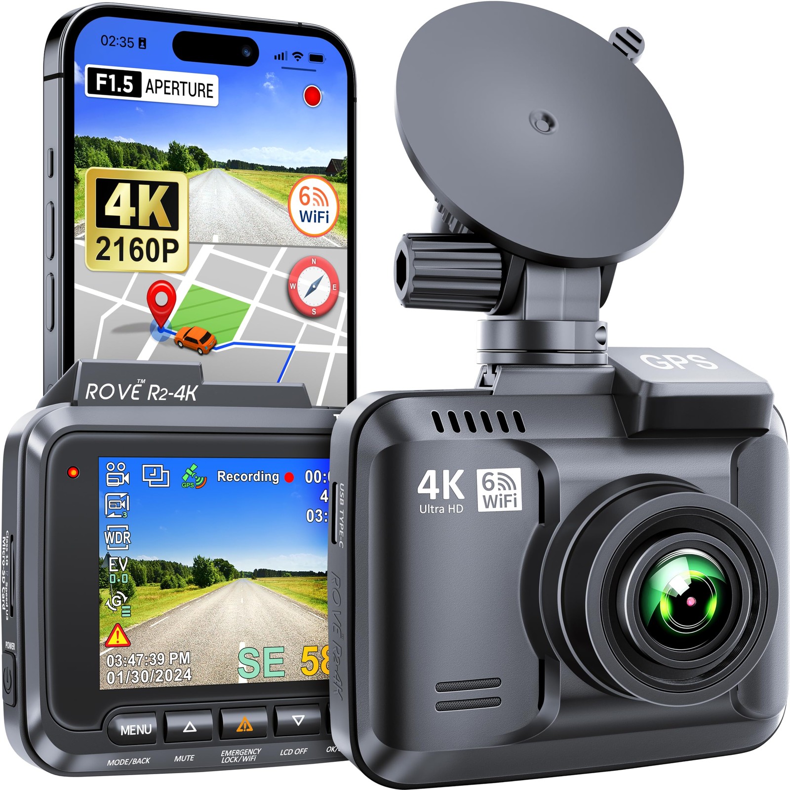 ROVE R2-4K Dash Cam Built-in WiFi 6 GPS Car Dashboard Camera Recorder with UHD 2