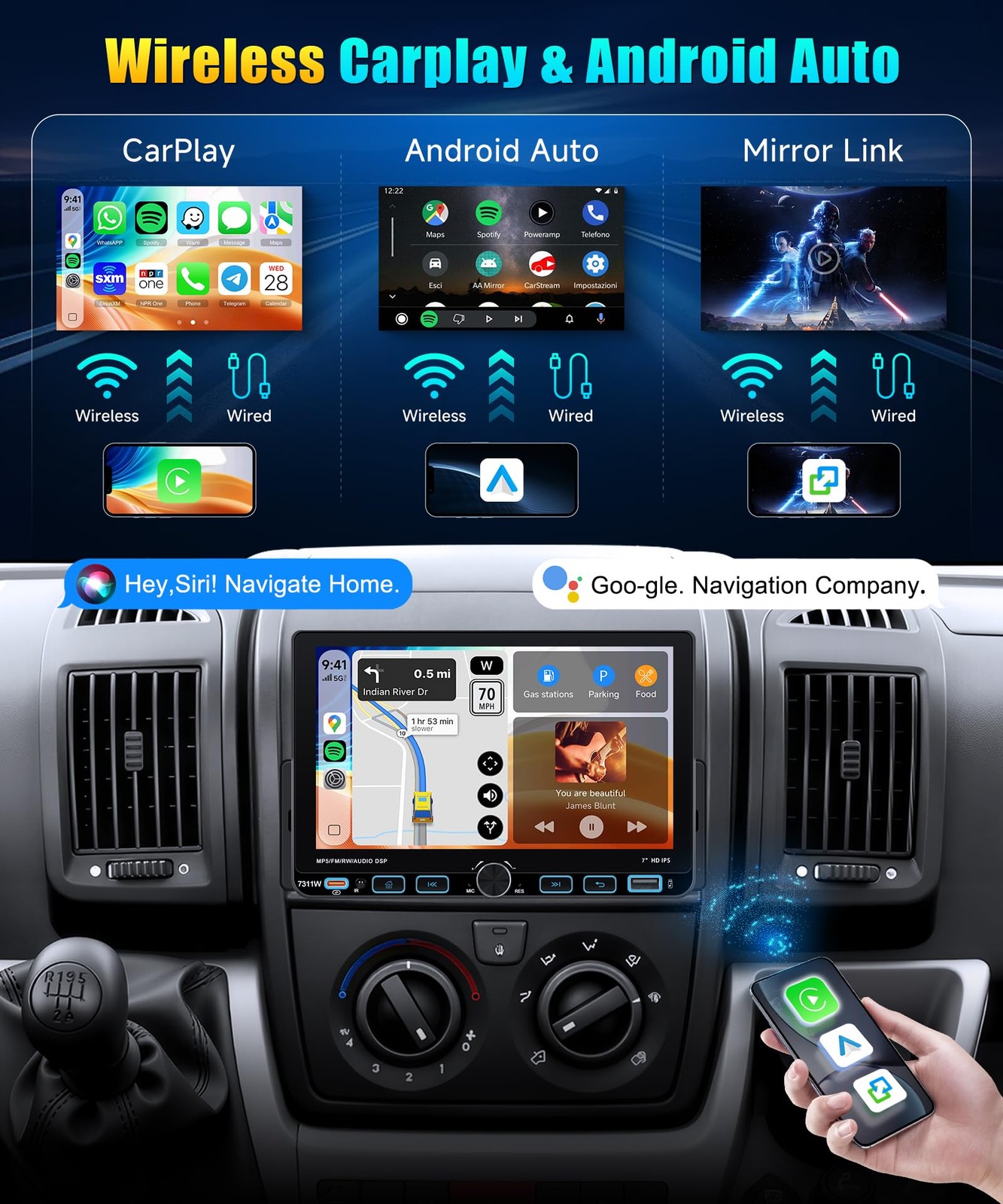 Single DIN Car Stereo with Wireless CarPlay & Android Auto, 7-Inch Touchscree…