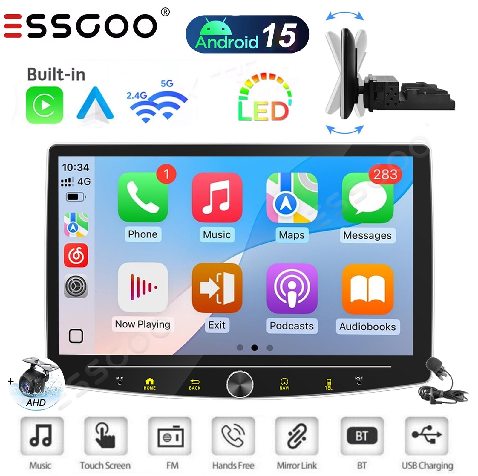 Stereo 1DIN 4+64G Android 15 Carplay BT Car Stereo 360° Rotatable Screen +Camera