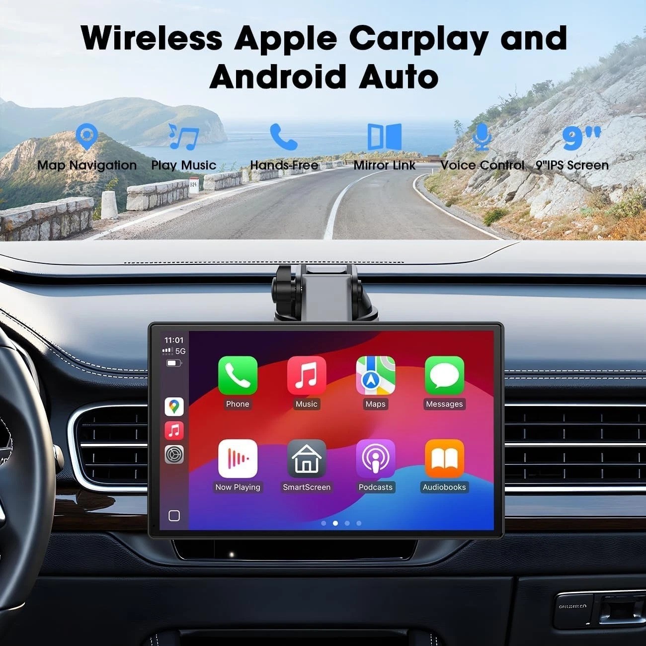 Upgrade 9 Inch CarPlay Screen Wireless Android Auto Portable Touchscreen GPS