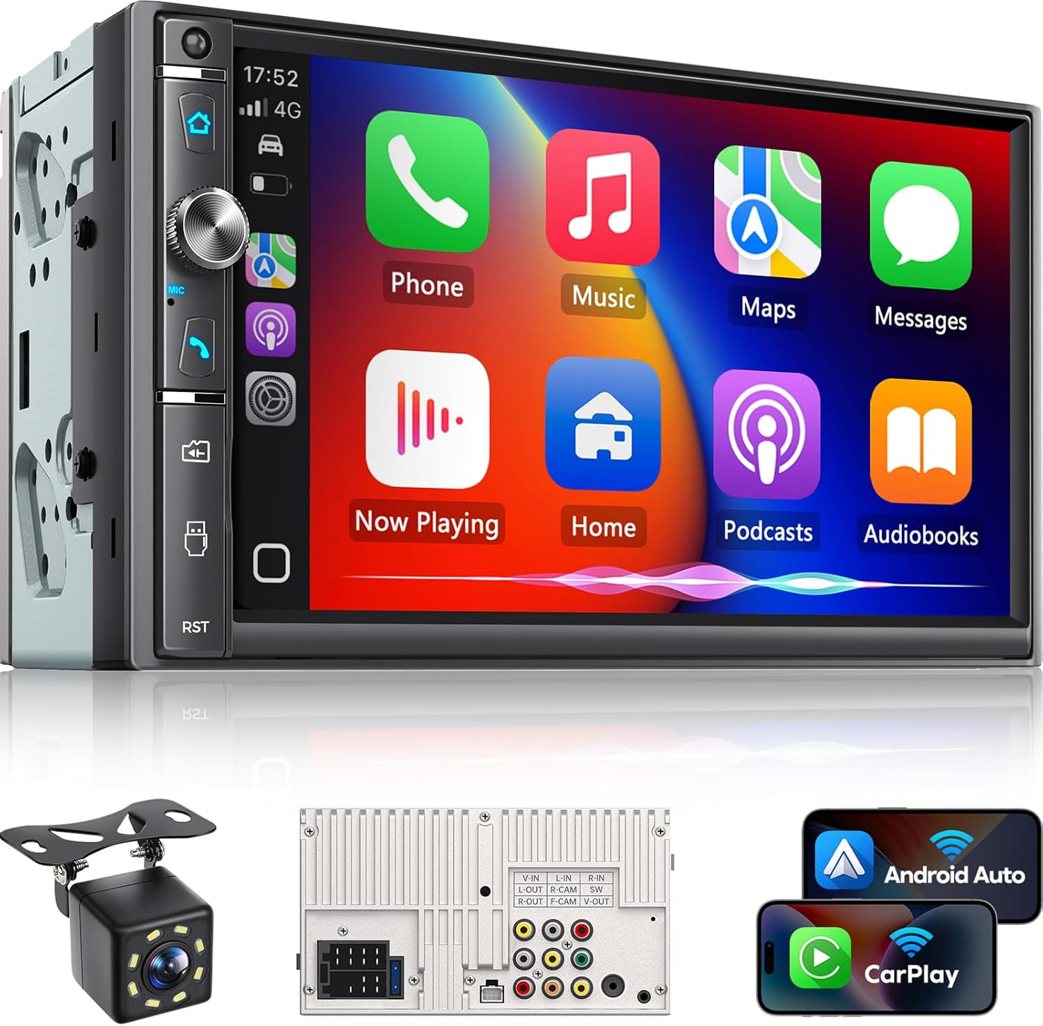 7″ HD Double Din Car Stereo, Wireless CarPlay/Android Auto, Bluetooth, Backup Ca