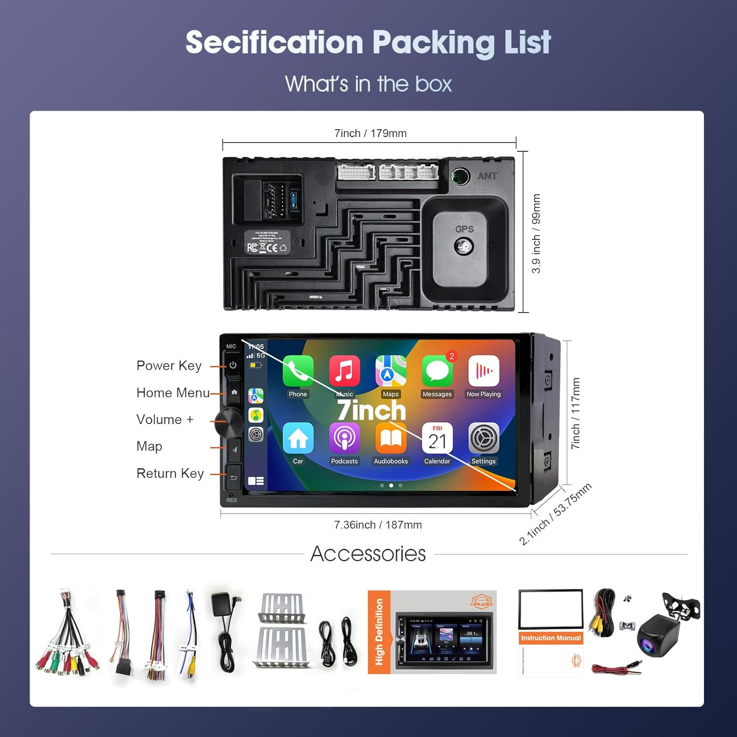 7 Inch Knobs Wireless Apple Carplay Screen for Car,Double Din Car Stereo,2+32Gb