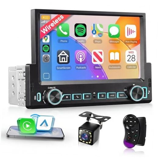 7” Single Din Car Stereo with Wireless Carplay Android Auto, Single Din