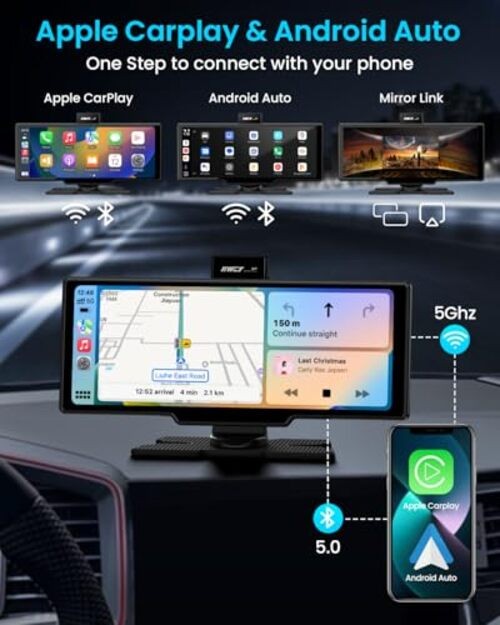 Portable Apple Carplay Screen, 10’’ Car Stereo Wireless Car Play & Android