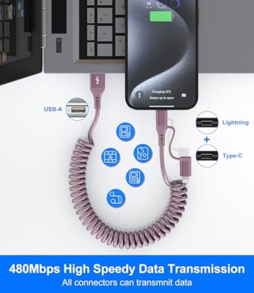 USB to USB C and Lightning Car Charger Cable – iPhone Charger Coiled Pink