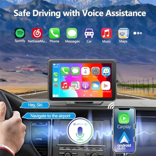 Portable Carplay Screen for Car, 7″ Wireless Carplay & Android Auto with