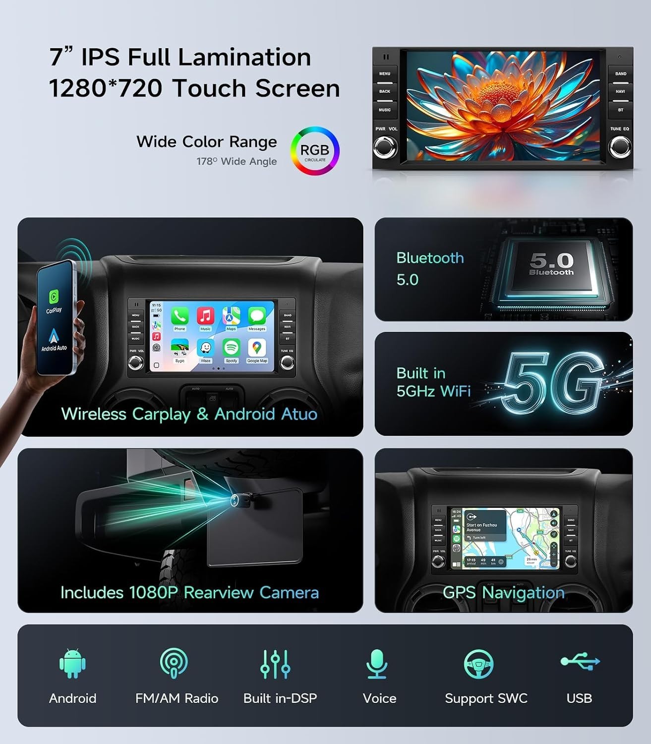 7″ 64G Dual Knob Android Auto Carplay for 2005-2015 Jeep Dodge Chevy Chrysler