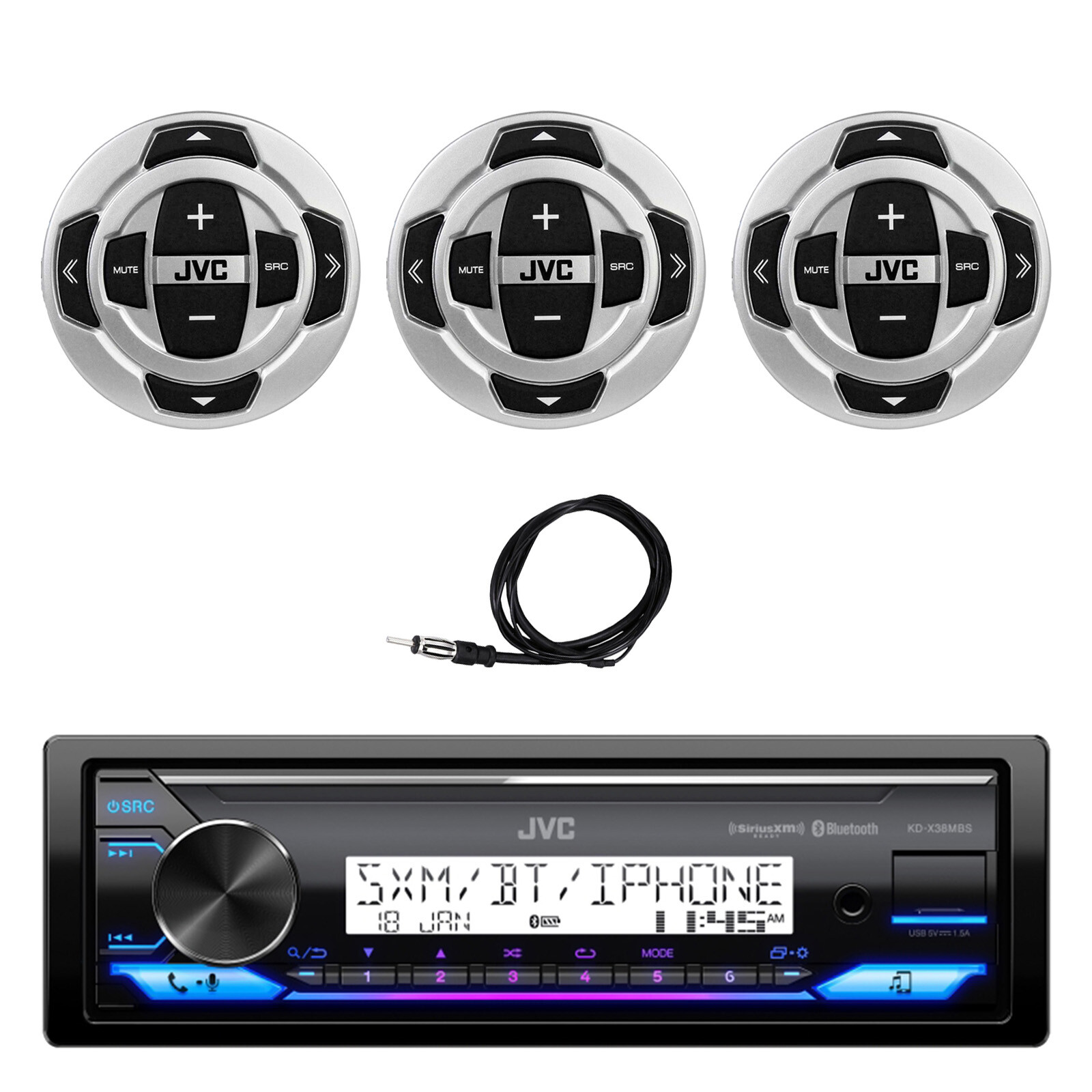 JVC KDX38MBS in-Dash Marine USB Bluetooth Receiver, 3x Wired Remote, 40″ Antenna