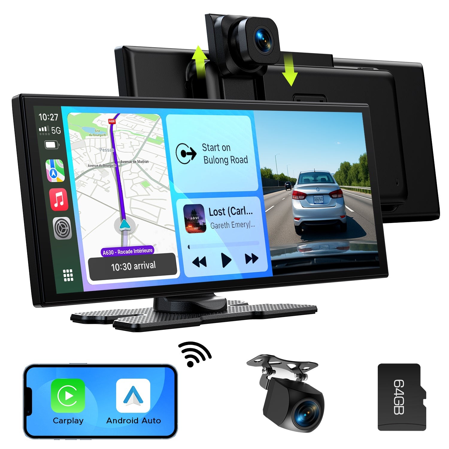 10.25in 2.5K Dash Cam Wireless Apple Carplay Android Auto Car Stereo + Rear Cam
