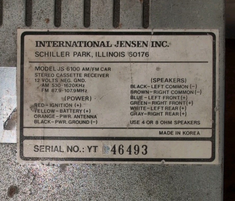 Jensen JS-6100 AM/FM Car Stereo Cassette Receiver Untested Powers On See Photos