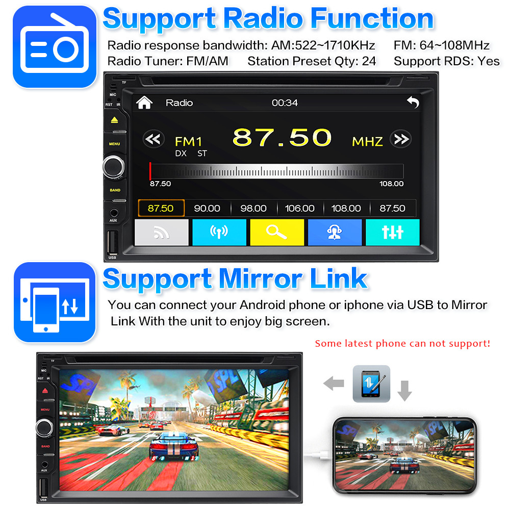 7″ Radio Double 2Din Car Stereo with CD/DVD Player Apple Carplay Bluetooth + CAM