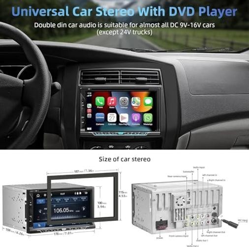 Double Din car Stereo with CD/DVD Player- CarPlay & Android Auto, Car Style A